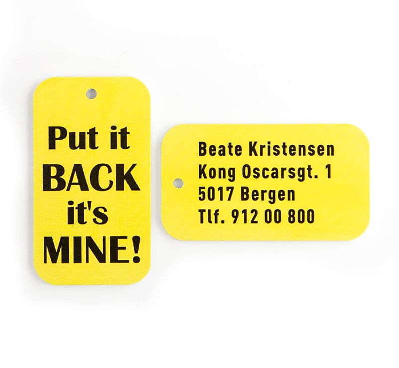 Merkelapp til bagasje. 2 stk like skilt             4,5x8 cm