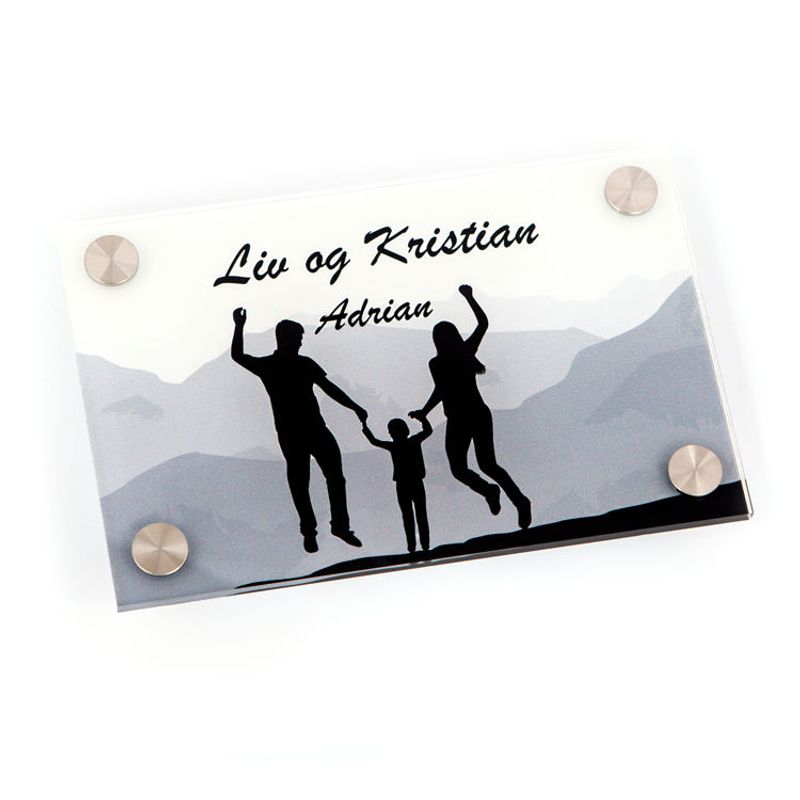 Dørskilt i akryl - printet bilde & avst.stk. i stål 11x17 cm